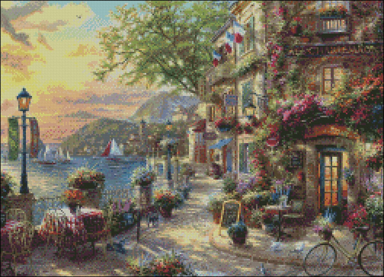 French Riviera Cafe - Counted Cross Stitch Patterns Embroidery Crafts Needlework DIY Chart DMC Color