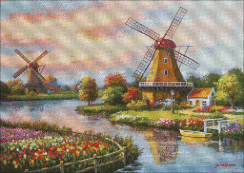 Windmills - Counted Cross Stitch Patterns Embroidery Crafts Needlework DIY Chart DMC Color