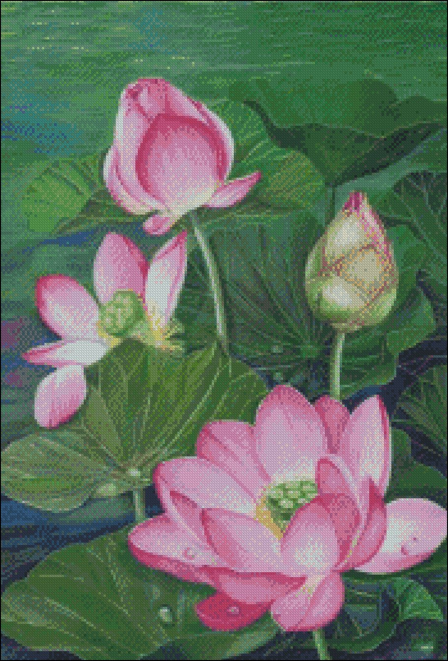 Lotus Pond - Counted Cross Stitch Patterns Embroidery Crafts Needlework DIY Chart DMC Color