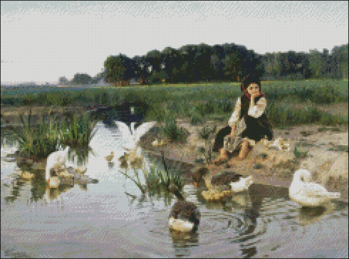 Ukrainian Girl Tending Geese - Counted Cross Stitch Patterns Embroidery Crafts Needlework DIY Chart DMC Color