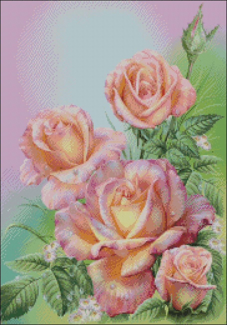 Waterdrop Pink Roses - Counted Cross Stitch Patterns Embroidery Crafts Needlework DIY Chart DMC Color