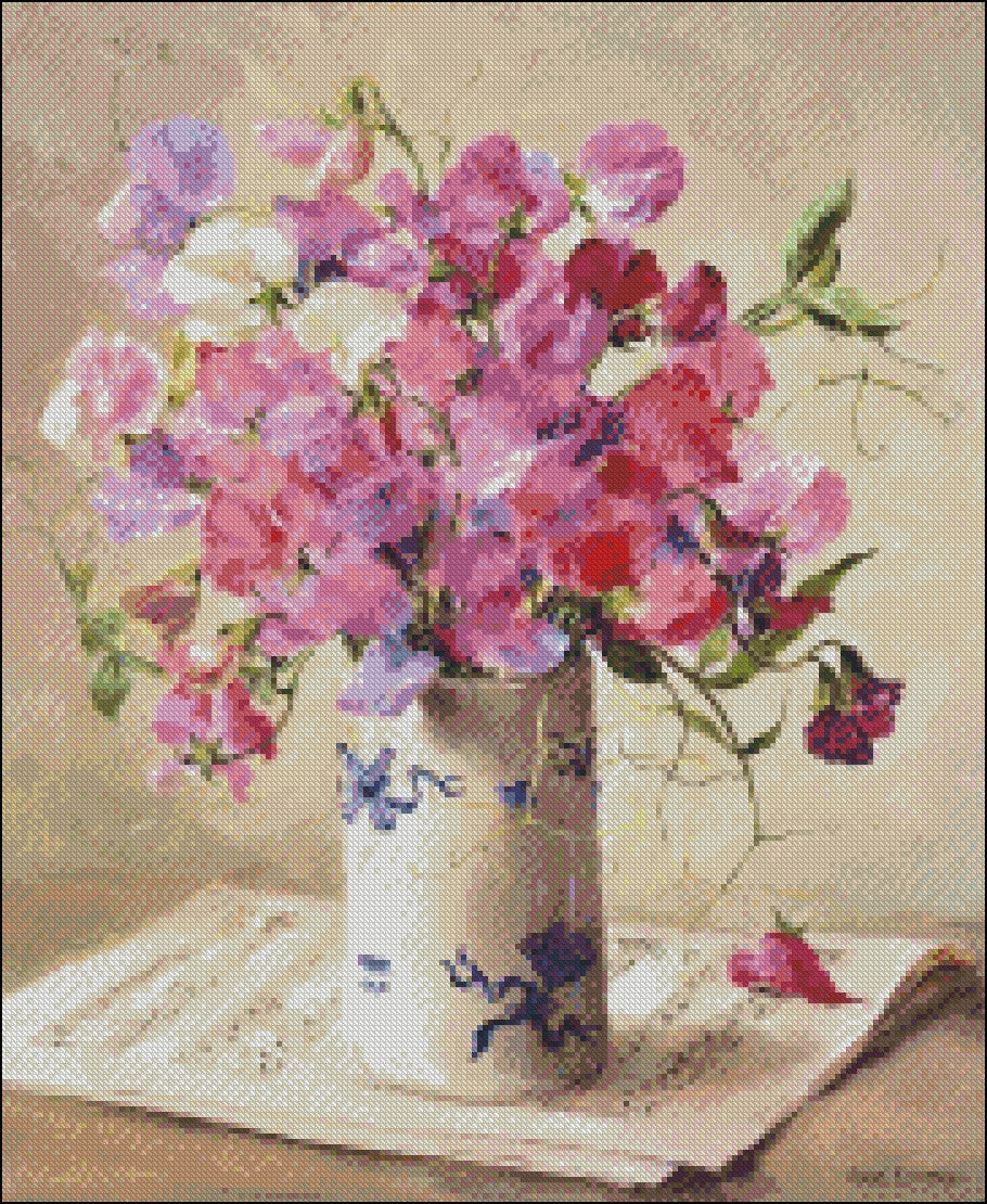 Summer Flowers in Vase 9 - Counted Cross Stitch Patterns Embroidery Crafts Needlework DIY Chart DMC Color