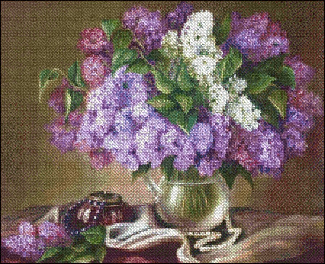 Still Life with Lilacs - Counted Cross Stitch Patterns Embroidery Crafts Needlework DIY Chart DMC Color