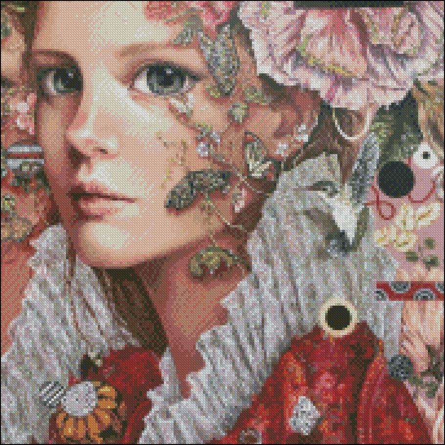 Girl with Flowers 5 - Counted Cross Stitch Patterns Embroidery Crafts Needlework DIY Chart DMC Color