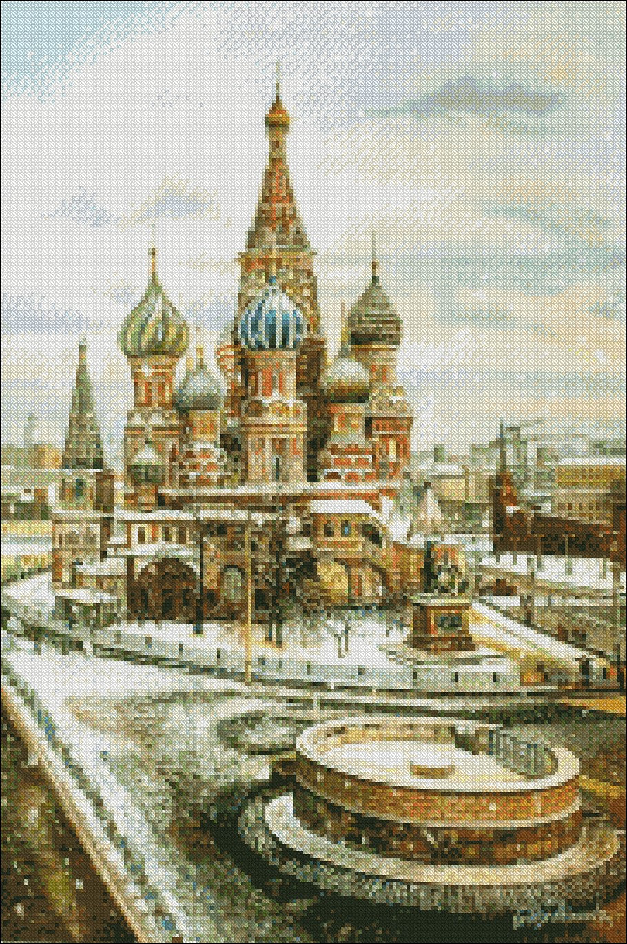 Snowy view of St. Basil's Cathedral - Counted Cross Stitch Patterns Embroidery Crafts Needlework DIY Chart DMC Color