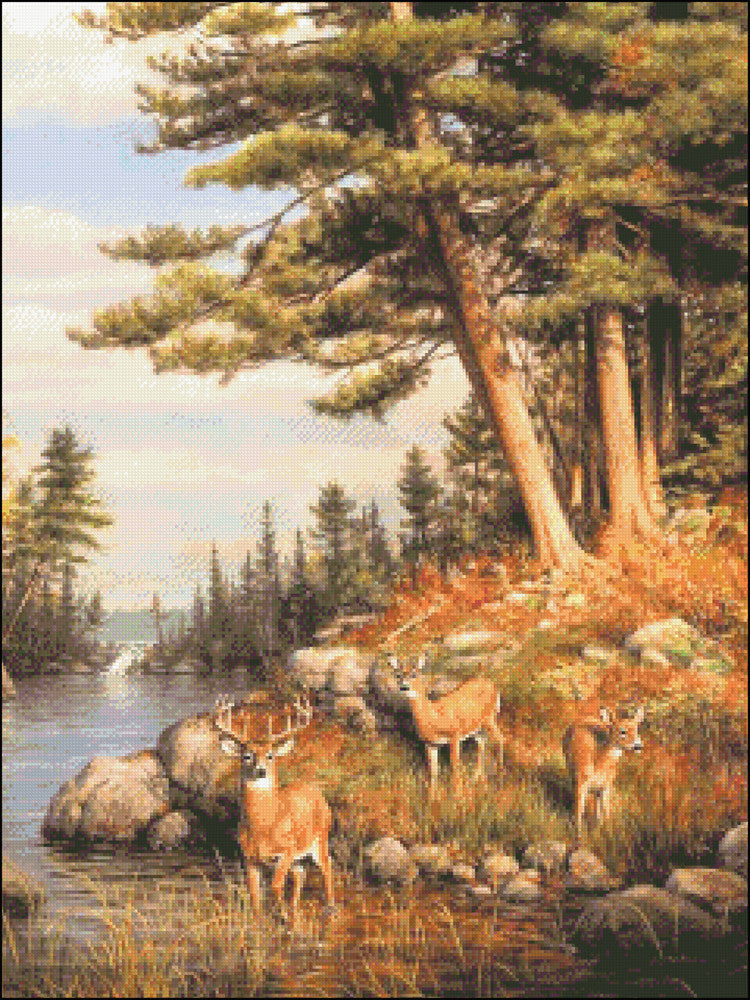 Deer and Pines - Counted Cross Stitch Patterns Embroidery Crafts Needlework DIY Chart DMC Color