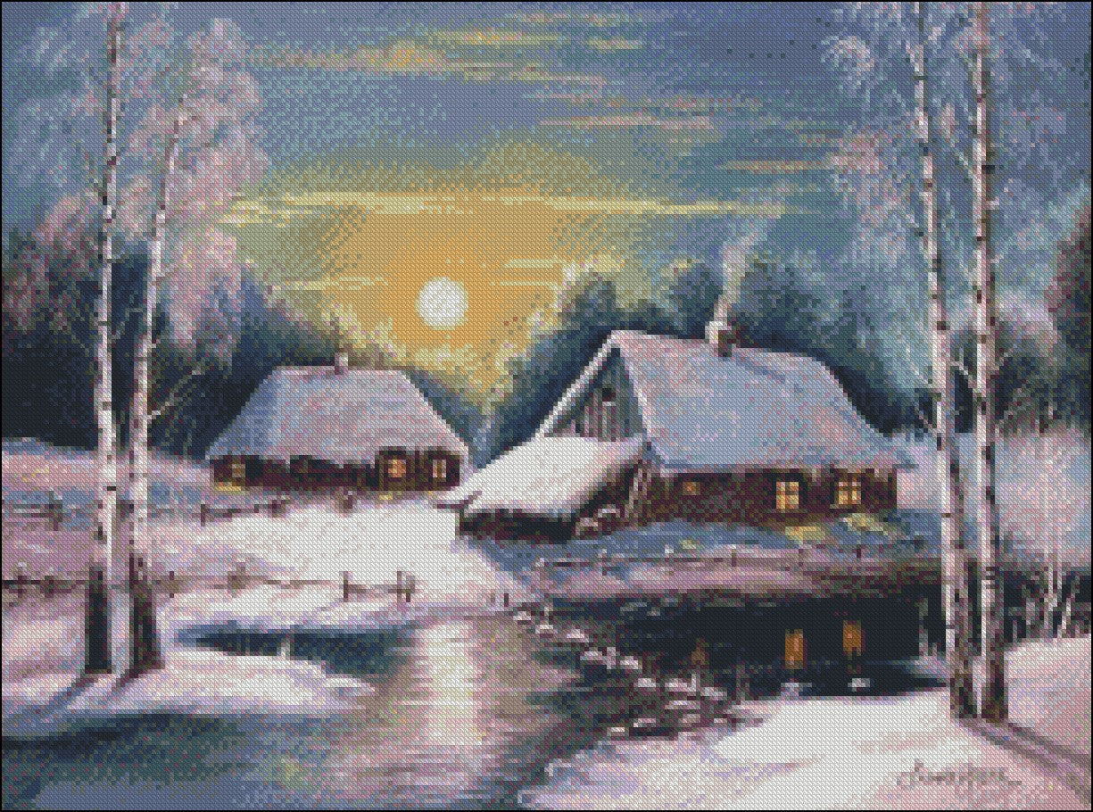 Village Snow 11 - Counted Cross Stitch Patterns Embroidery Crafts Needlework DIY Chart DMC Color