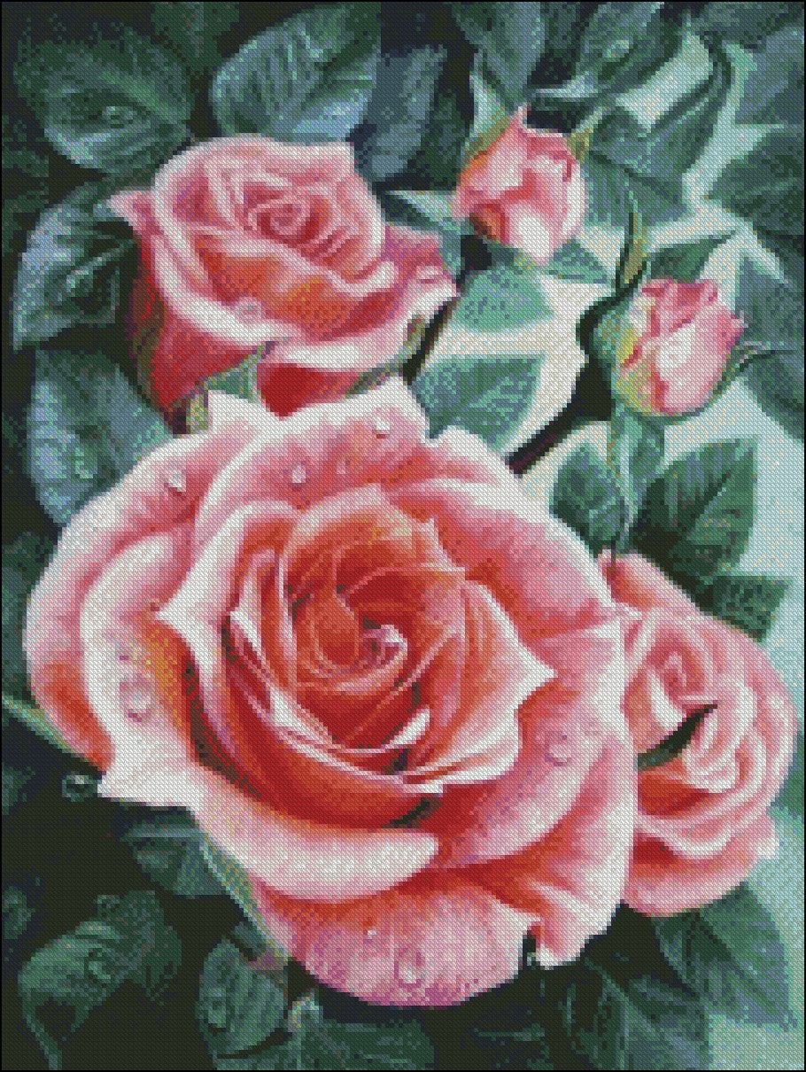 Morning Roses - Counted Cross Stitch Patterns Embroidery Crafts Needlework DIY Chart DMC Color