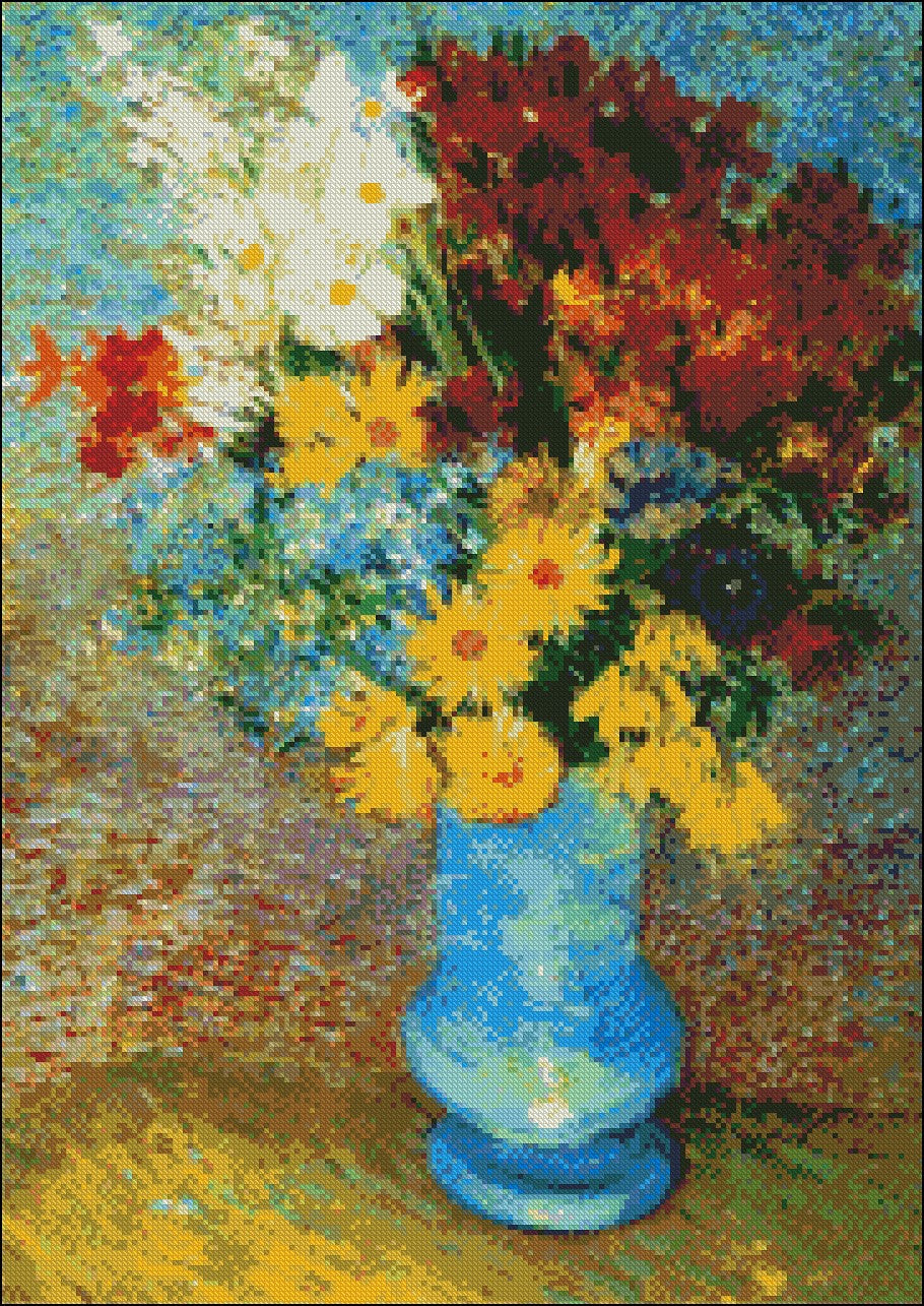 Flowers in Blue Vase - Counted Cross Stitch Patterns Embroidery Crafts Needlework DIY Chart DMC Color