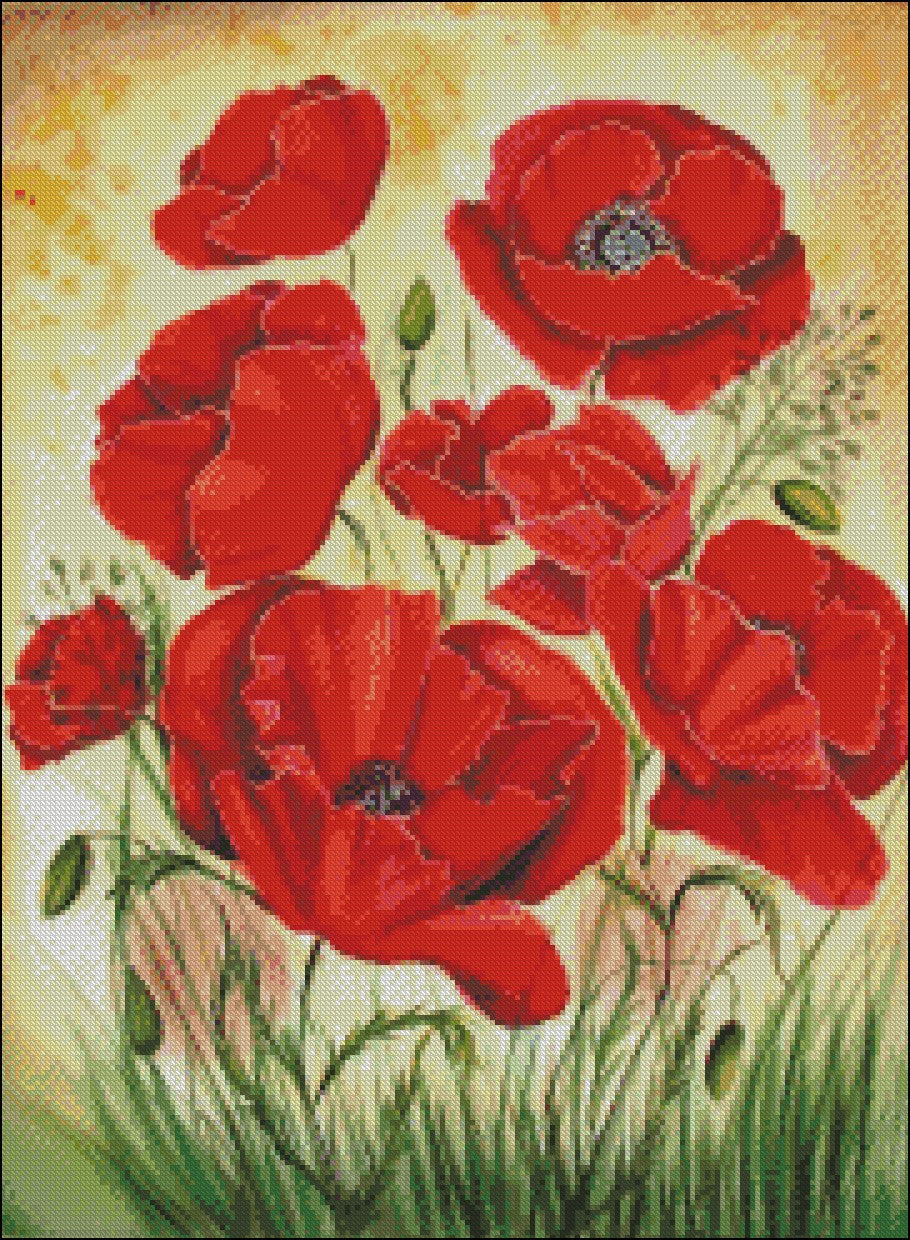 Red Poppy 3 - Counted Cross Stitch Patterns Embroidery Crafts Needlework DIY Chart DMC Color