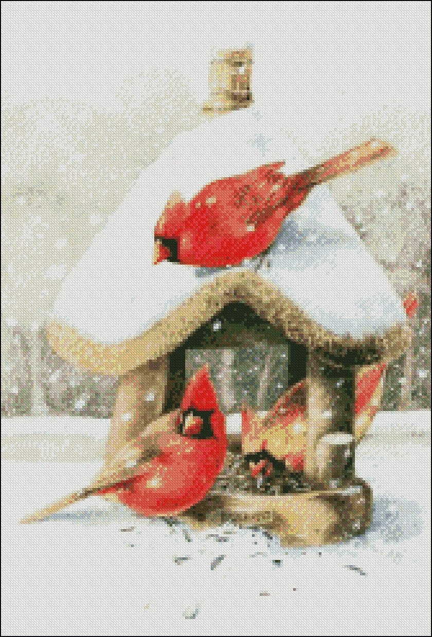 Red Birds in Snow - Counted Cross Stitch Patterns Embroidery Crafts Needlework DIY Chart DMC Color