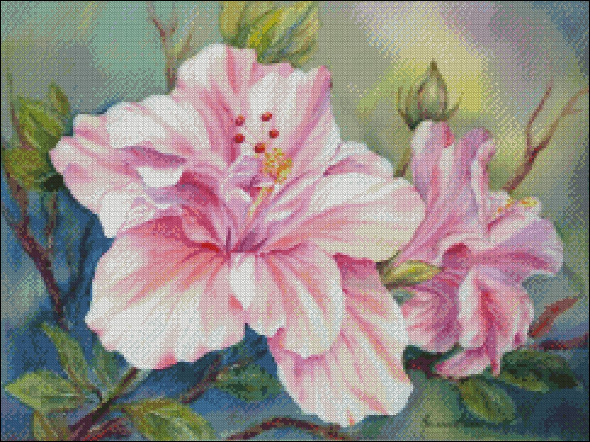 Double Hibiscus - Counted Cross Stitch Patterns Embroidery Crafts Needlework DIY Chart DMC Color