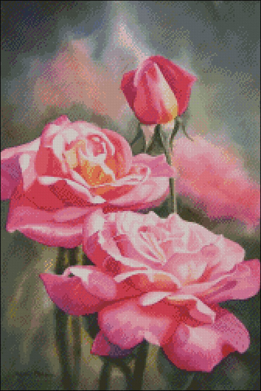 Blushing Roses with Bud - Counted Cross Stitch Patterns Embroidery Crafts Needlework DIY Chart DMC Color