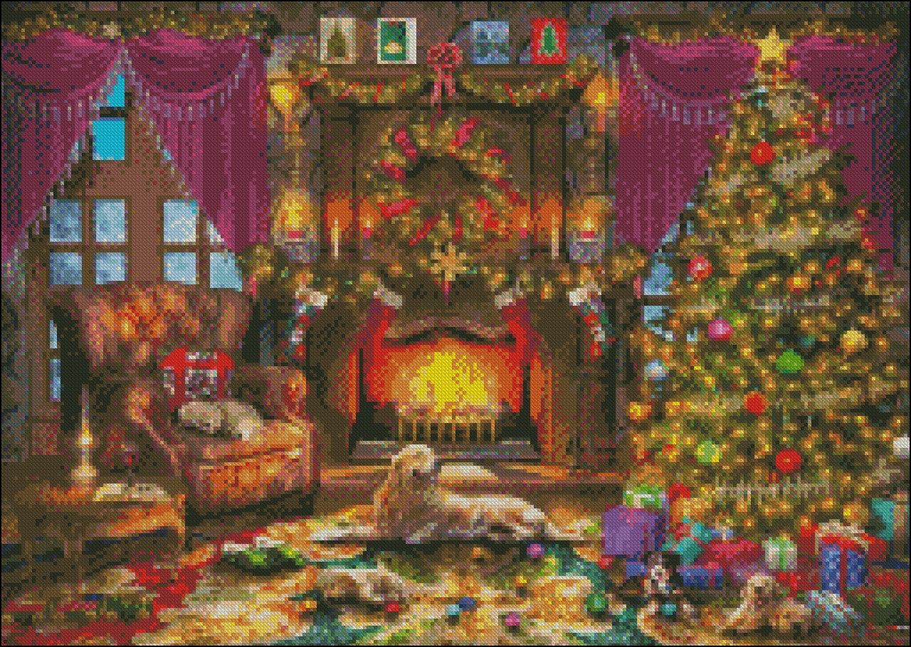 Festive Fireplace - Counted Cross Stitch Patterns Embroidery Crafts Needlework DIY Chart DMC Color