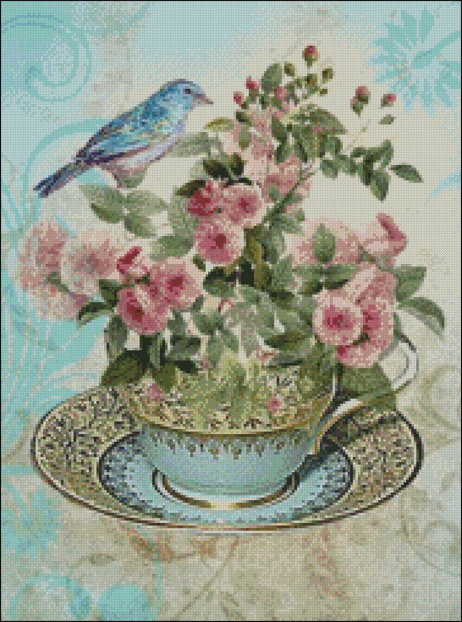 Cup Flower 1 - Counted Cross Stitch Patterns Embroidery Crafts Needlework DIY Chart DMC Color