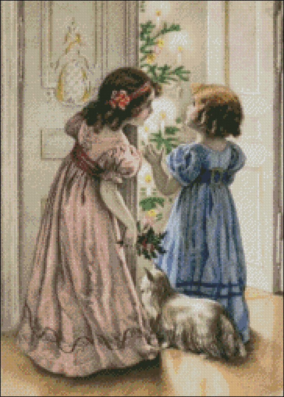 Victorian Christmas Girls 6 - Counted Cross Stitch Patterns Embroidery Crafts Needlework DIY Chart DMC Color