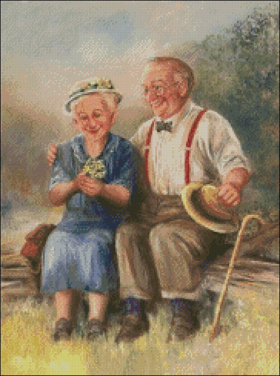 Elderly Couple 5 - Counted Cross Stitch Patterns Embroidery Crafts Needlework DIY Chart DMC Color