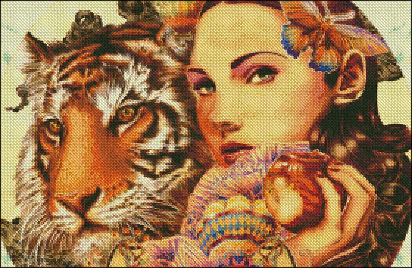 Tiger and Beauty - Counted Cross Stitch Patterns Embroidery Crafts Needlework DIY Chart DMC Color