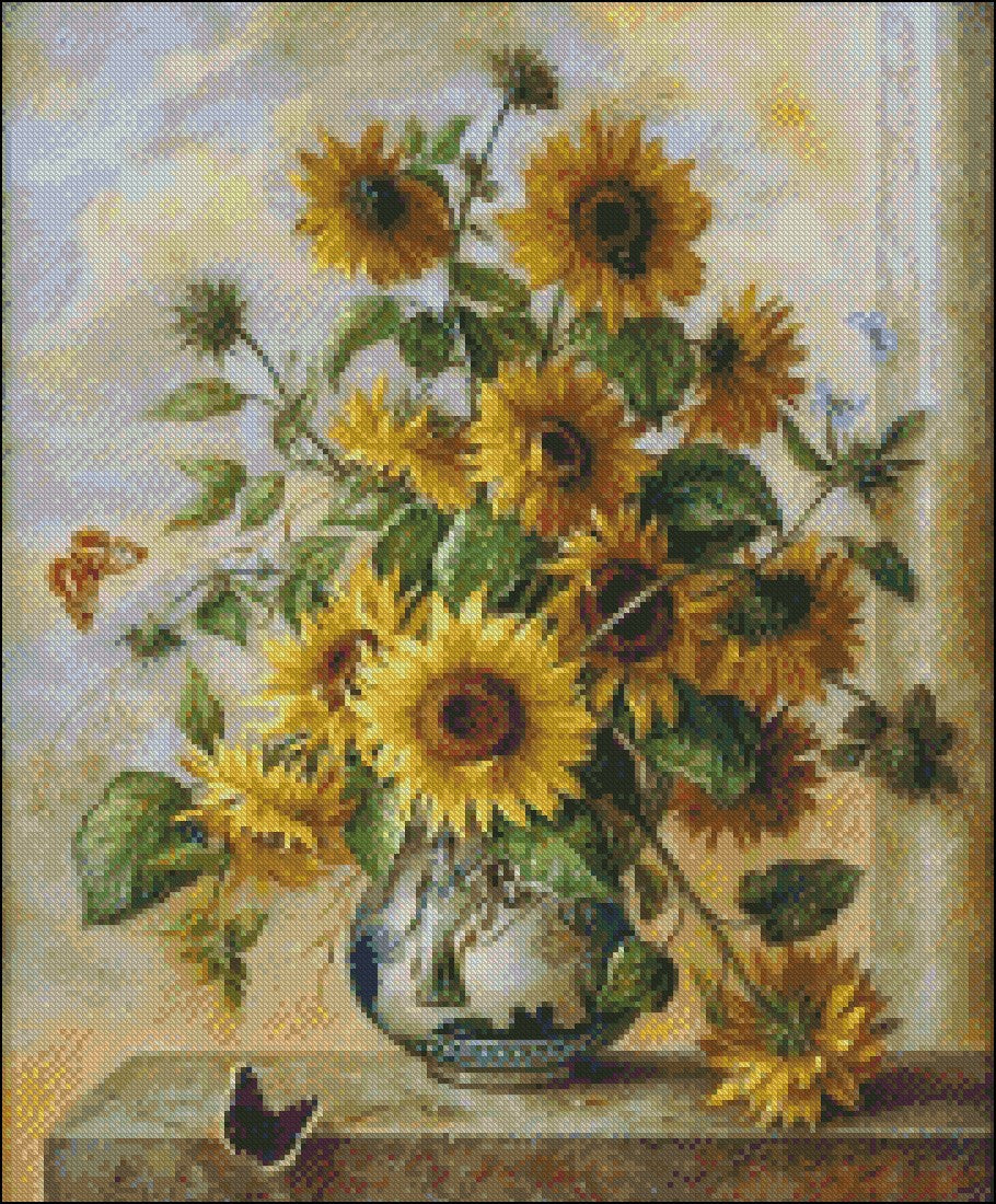 Sunflowers in Vase - Counted Cross Stitch Patterns Embroidery Crafts Needlework DIY Chart DMC Color