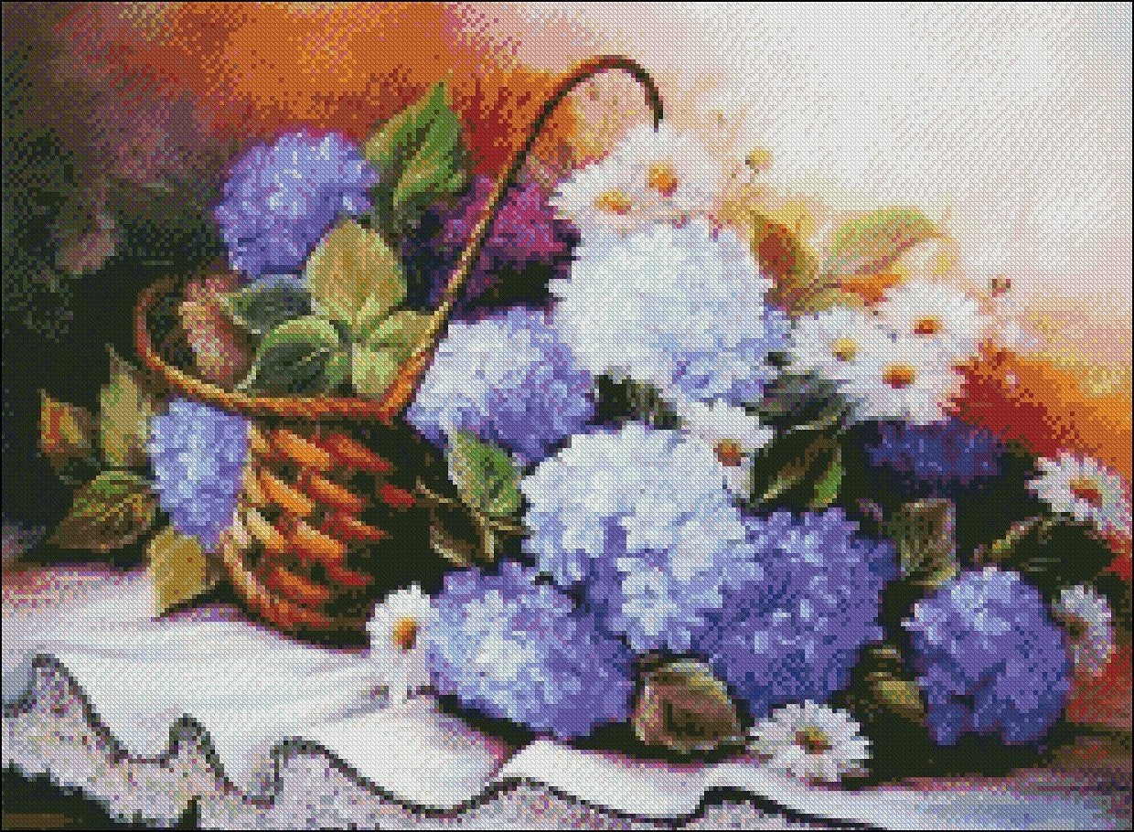 Basket with Flowers - Counted Cross Stitch Patterns Embroidery Crafts Needlework DIY Chart DMC Color