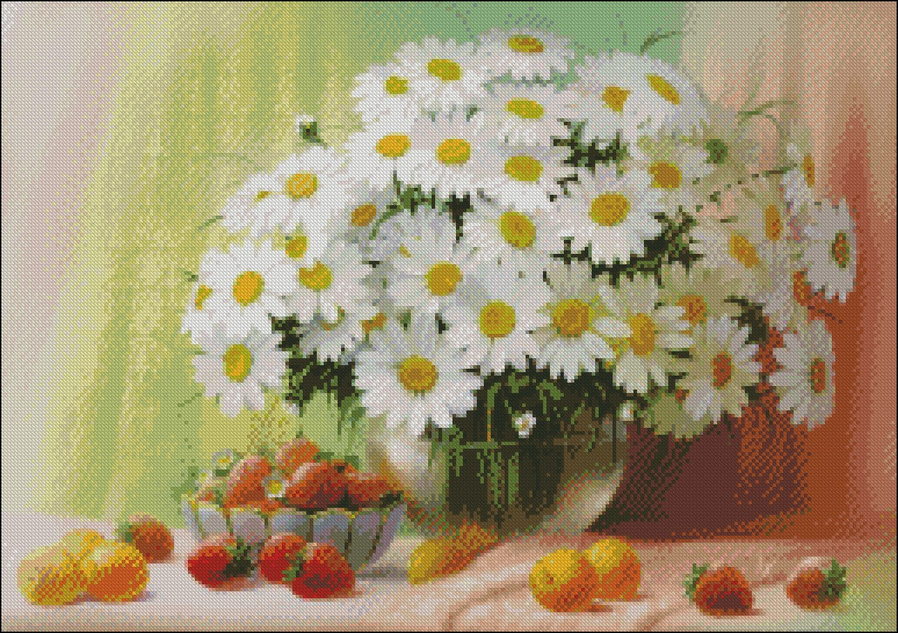 Daisies with Strawberries, Peaches - Counted Cross Stitch Patterns Embroidery Crafts Needlework DIY Chart DMC Color