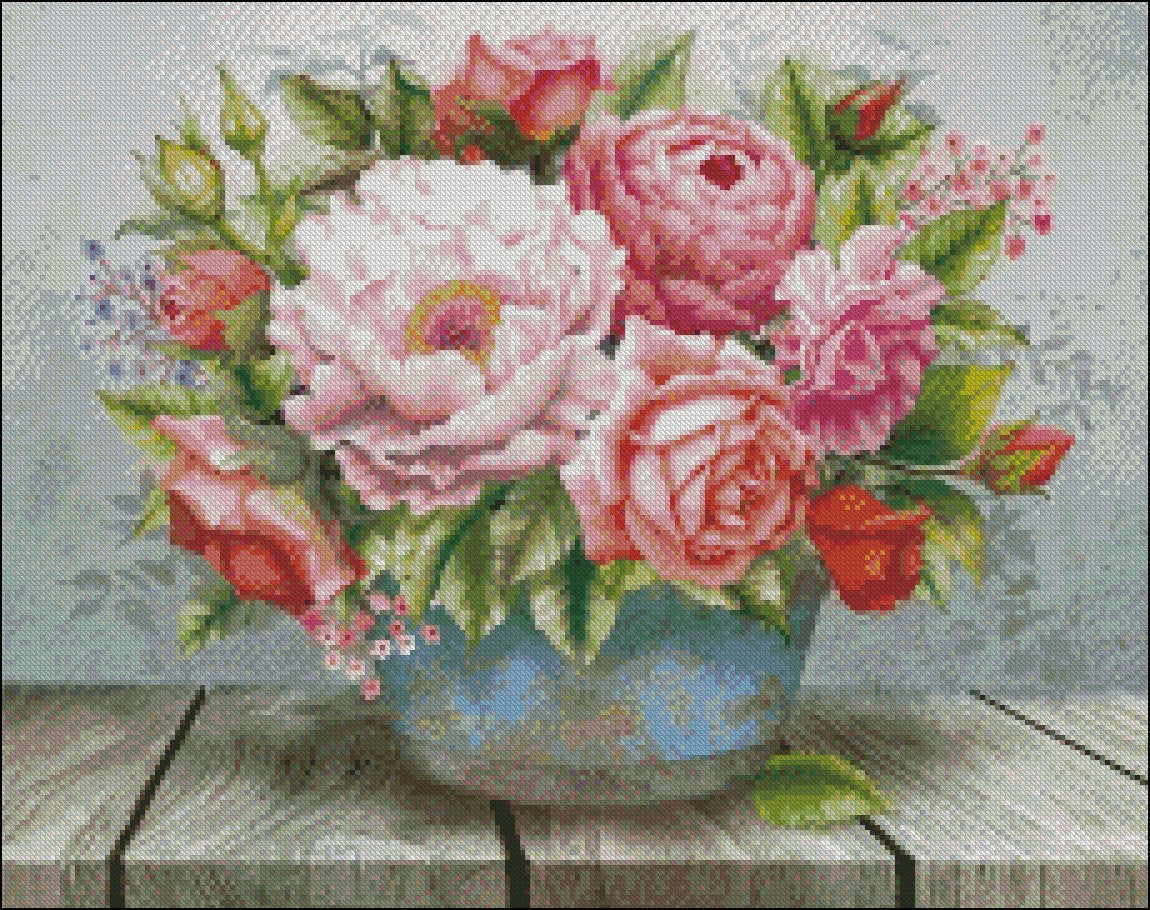 Flowers in the Bucket - Counted Cross Stitch Patterns Embroidery Crafts Needlework DIY Chart DMC Color