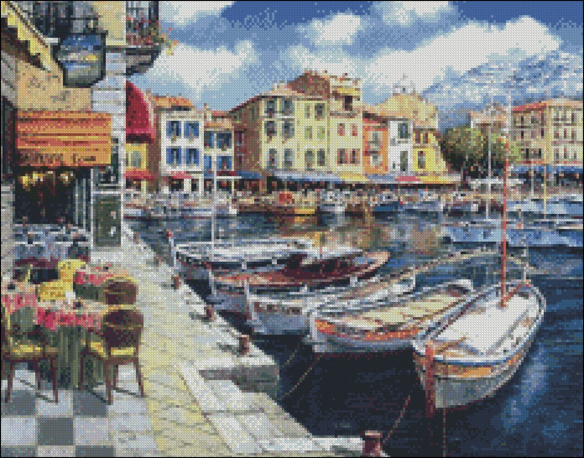 Harbor at Honfleur - Counted Cross Stitch Patterns Embroidery Crafts Needlework DIY Chart DMC Color