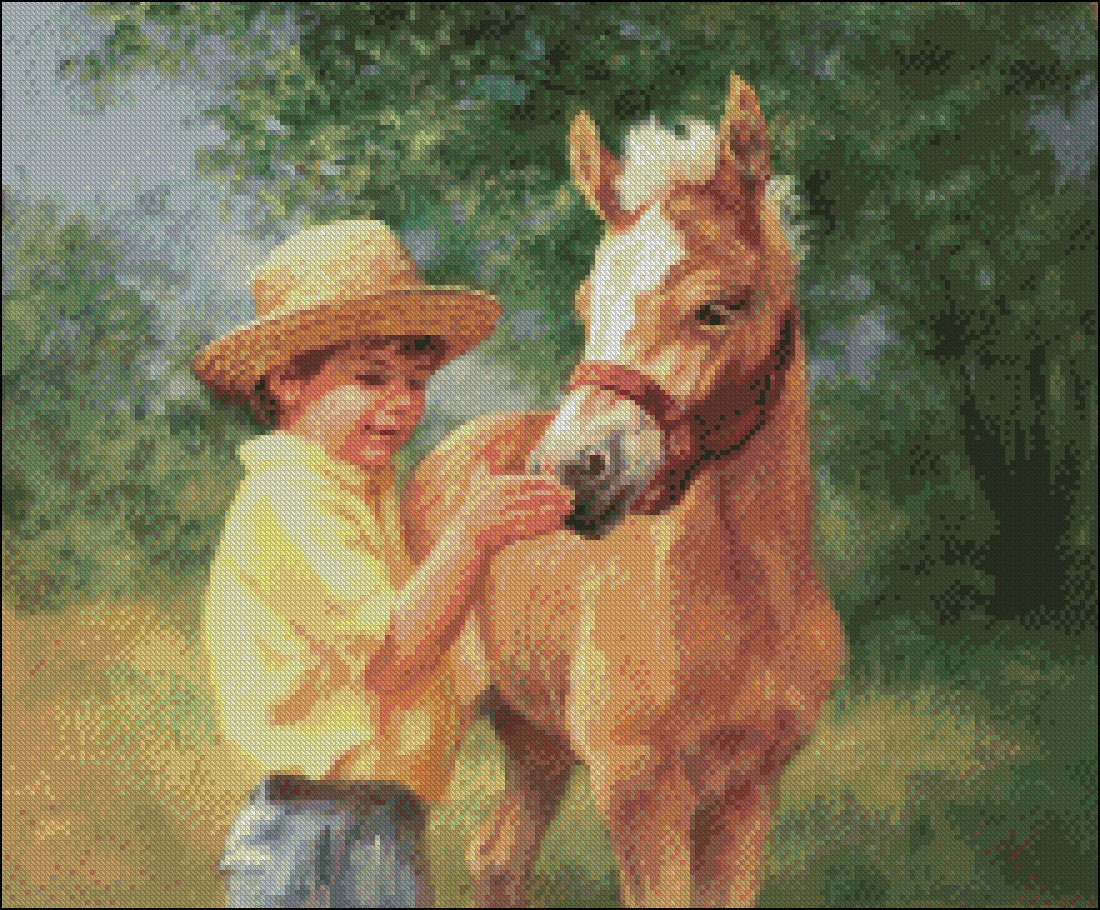 Boy and Foal - Counted Cross Stitch Patterns Embroidery Crafts Needlework DIY Chart DMC Color