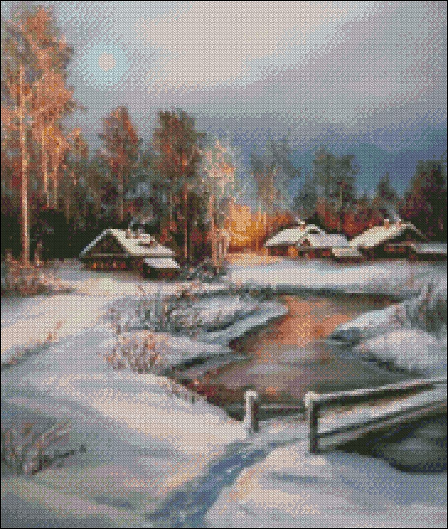 Village Snow 15 - Counted Cross Stitch Patterns Embroidery Crafts Needlework DIY Chart DMC Color