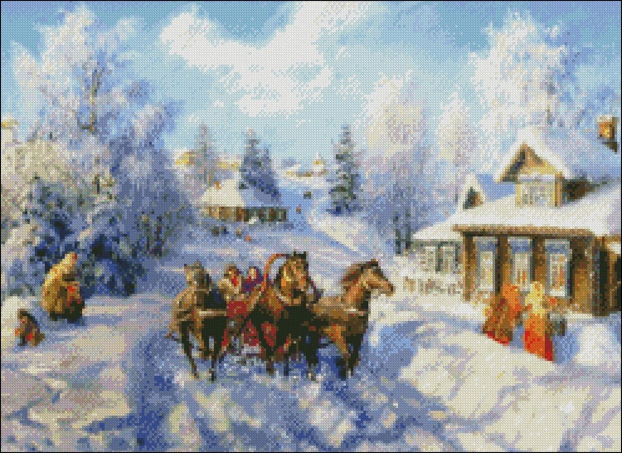 Troika running on snow - Counted Cross Stitch Patterns Embroidery Crafts Needlework DIY Chart DMC Color