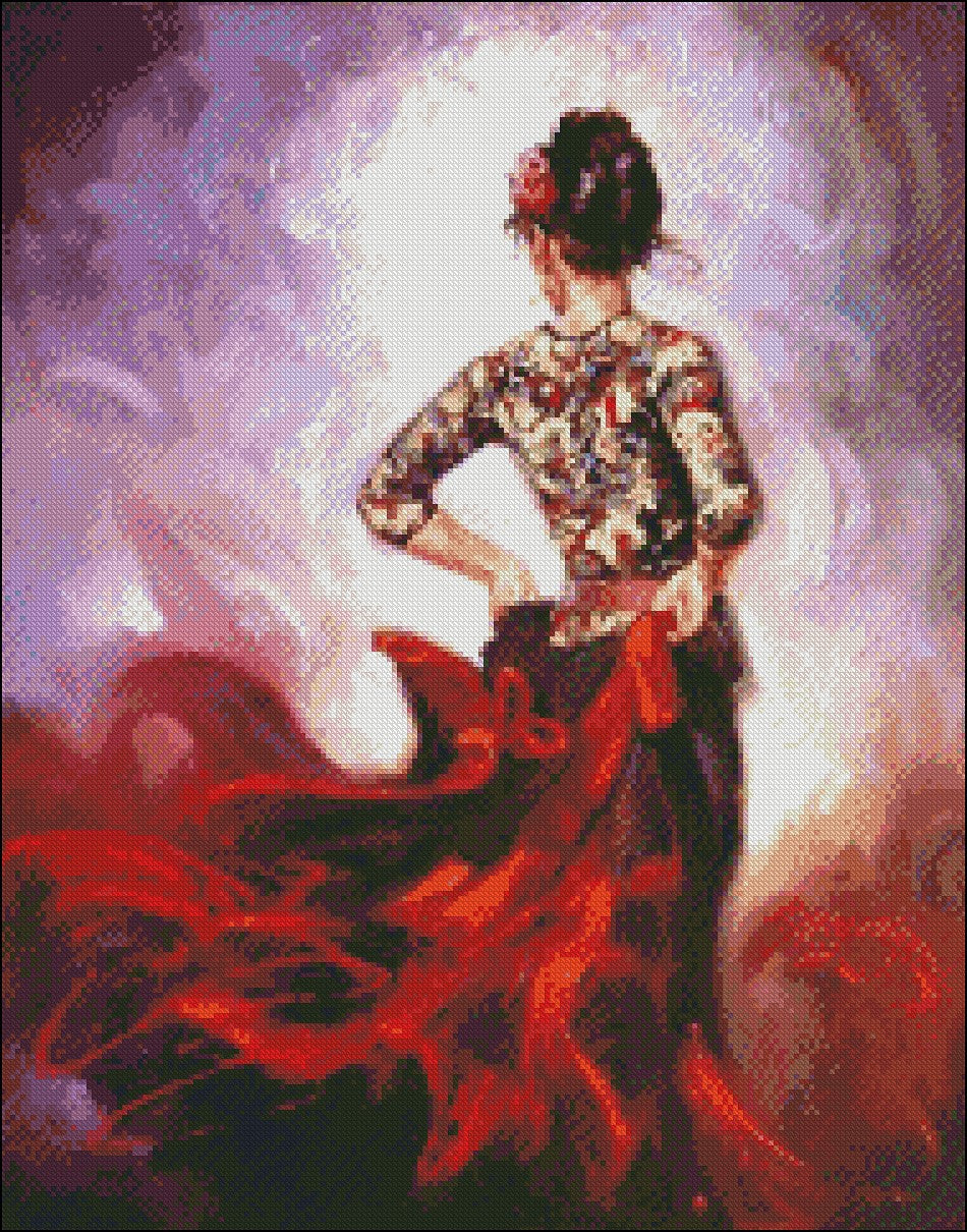 Dancer Waving Red Silk - Counted Cross Stitch Patterns Embroidery Crafts Needlework DIY Chart DMC Color