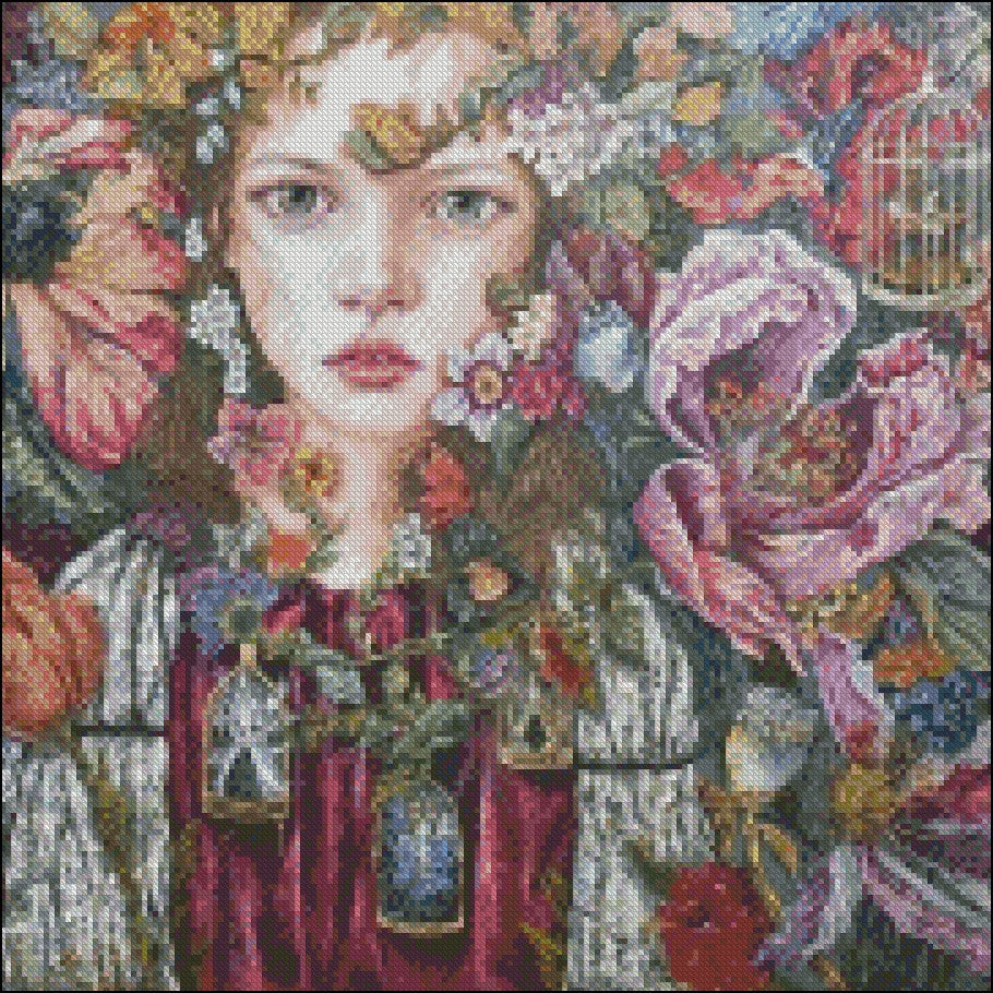 Girl with Flowers 18 - Counted Cross Stitch Patterns Embroidery Crafts Needlework DIY Chart DMC Color