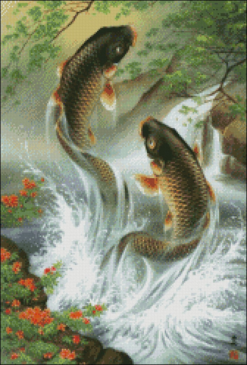 Carp ascending - Counted Cross Stitch Patterns Embroidery Crafts Needlework DIY Chart DMC Color