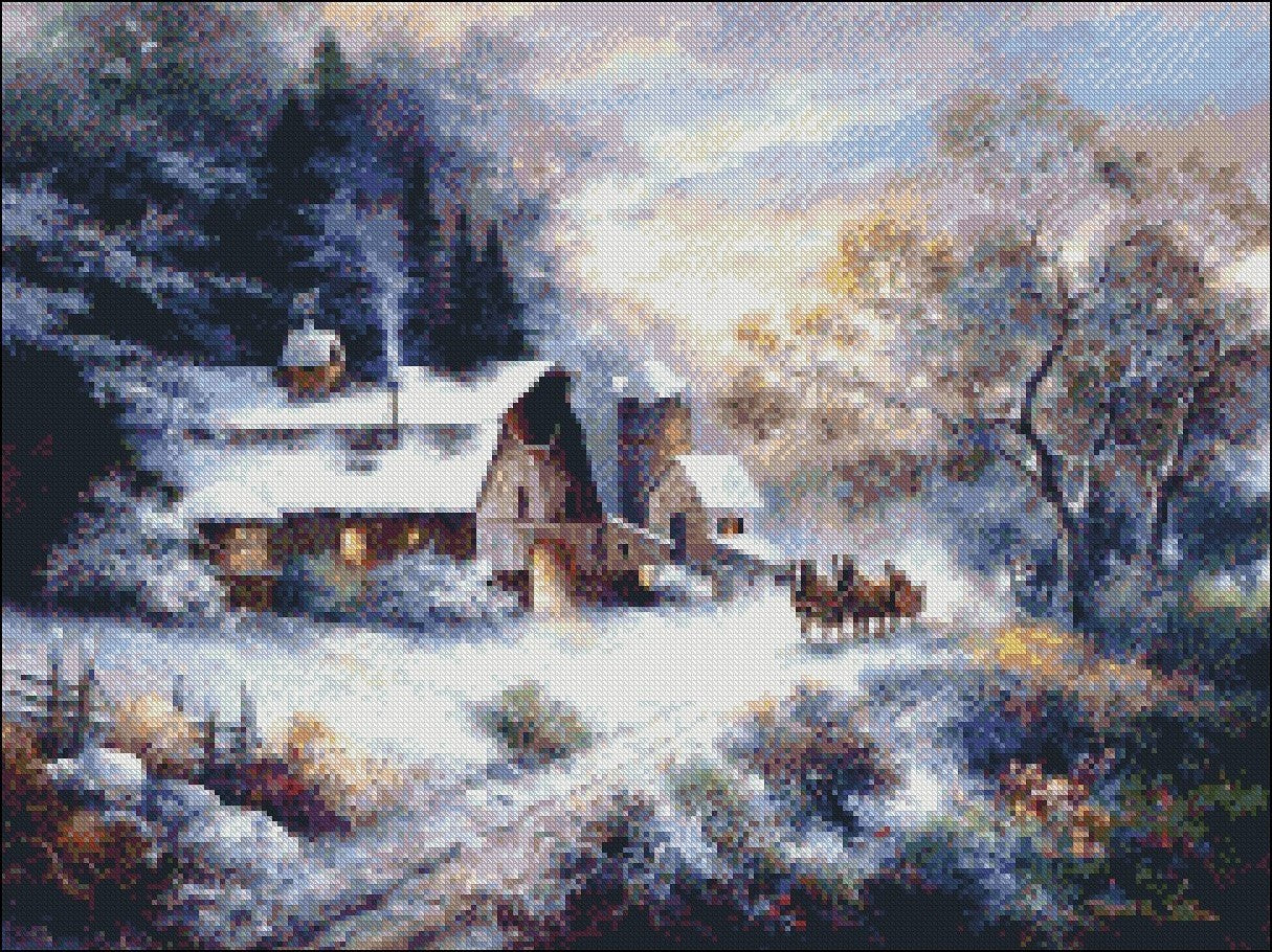 Snowy Evening Outing - Counted Cross Stitch Patterns Embroidery Crafts Needlework DIY Chart DMC Color