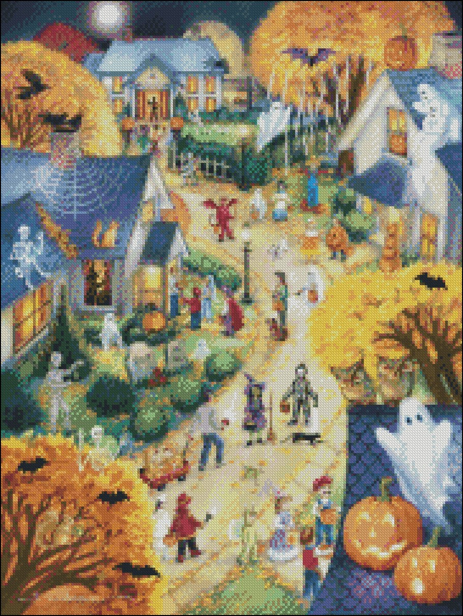 Halloween Town - Counted Cross Stitch Patterns Embroidery Crafts Needlework DIY Chart DMC Color