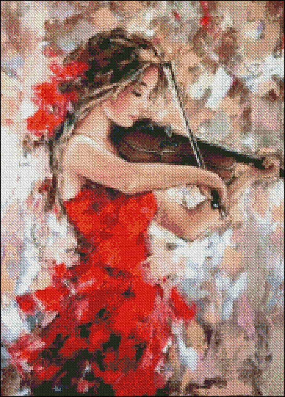 Girl playing the Violin 2 - Counted Cross Stitch Patterns Embroidery Crafts Needlework DIY Chart DMC Color