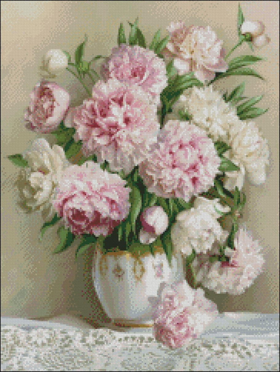 Peony Flowers III - Counted Cross Stitch Patterns Embroidery Crafts Needlework DIY Chart DMC Color