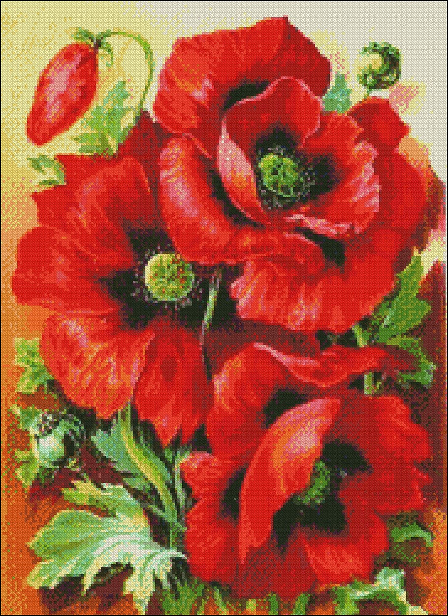 Oriental Red Poppy - Counted Cross Stitch Patterns Embroidery Crafts Needlework DIY Chart DMC Color