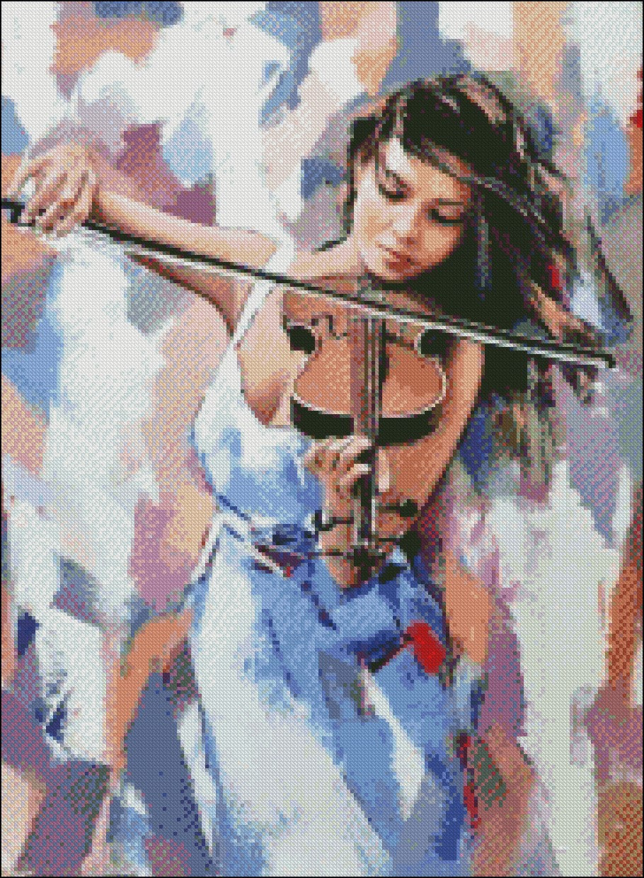 Girl playing the Violin 3 - Counted Cross Stitch Patterns Embroidery Crafts Needlework DIY Chart DMC Color