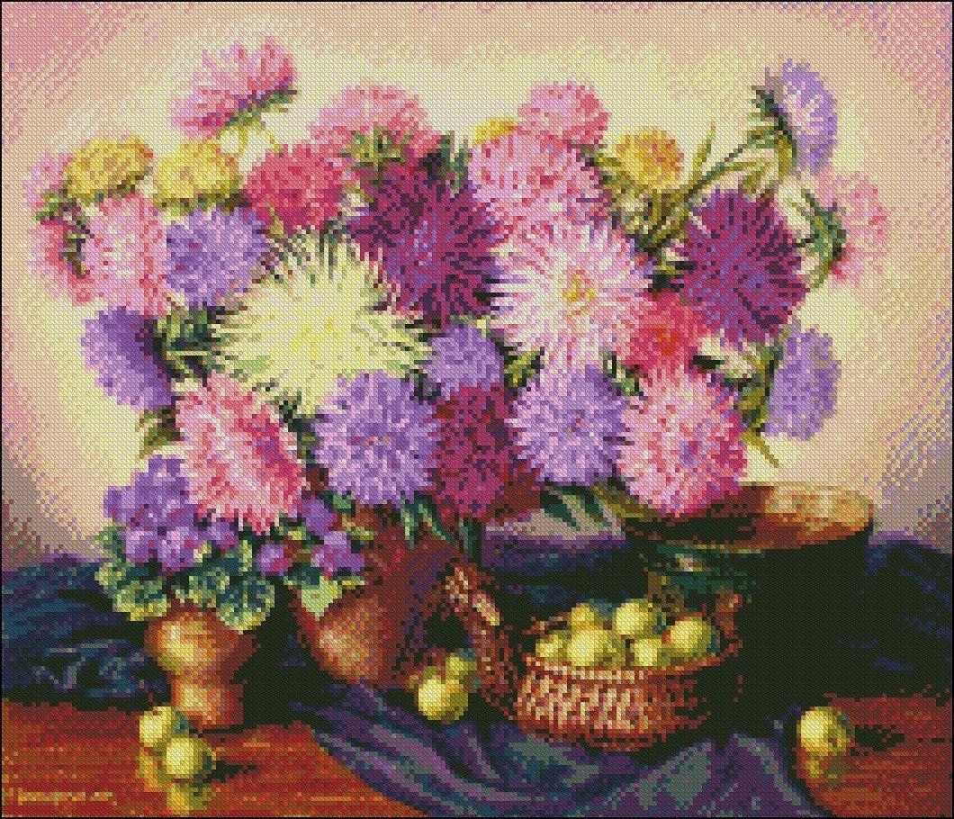 Asters and Chinese Apples - Counted Cross Stitch Patterns Embroidery Crafts Needlework DIY Chart DMC Color