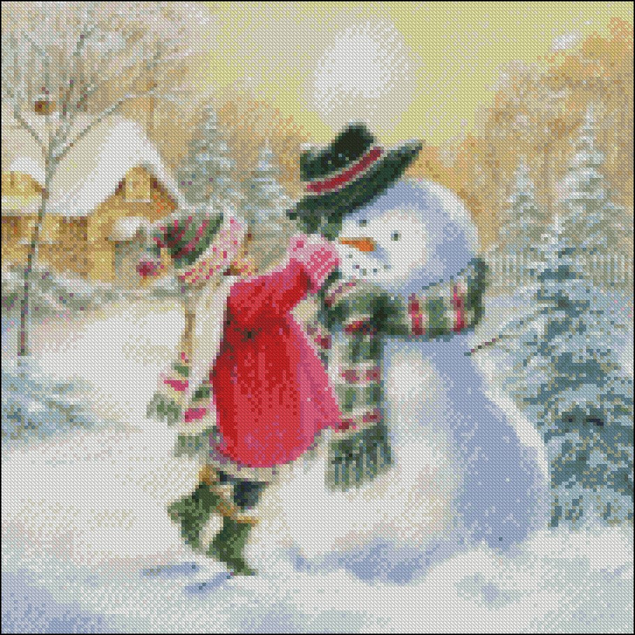 Girl with Snowman 4 - Counted Cross Stitch Patterns Embroidery Crafts Needlework DIY Chart DMC Color