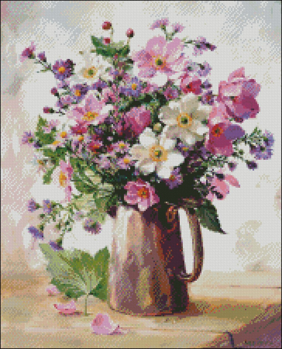 Summer Flowers in Vase 10 - Counted Cross Stitch Patterns Embroidery Crafts Needlework DIY Chart DMC Color