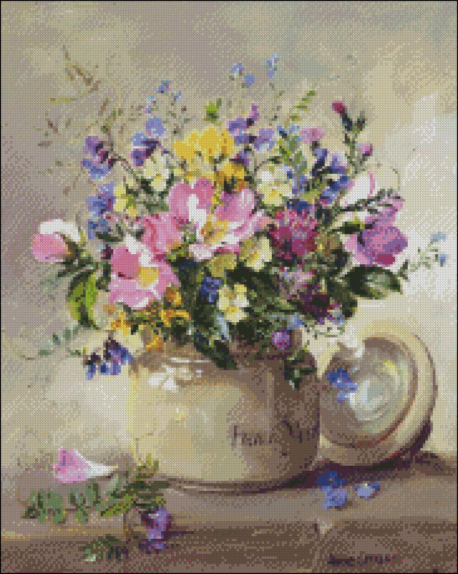 Summer Flowers in Vase 12 - Counted Cross Stitch Patterns Embroidery Crafts Needlework DIY Chart DMC Color