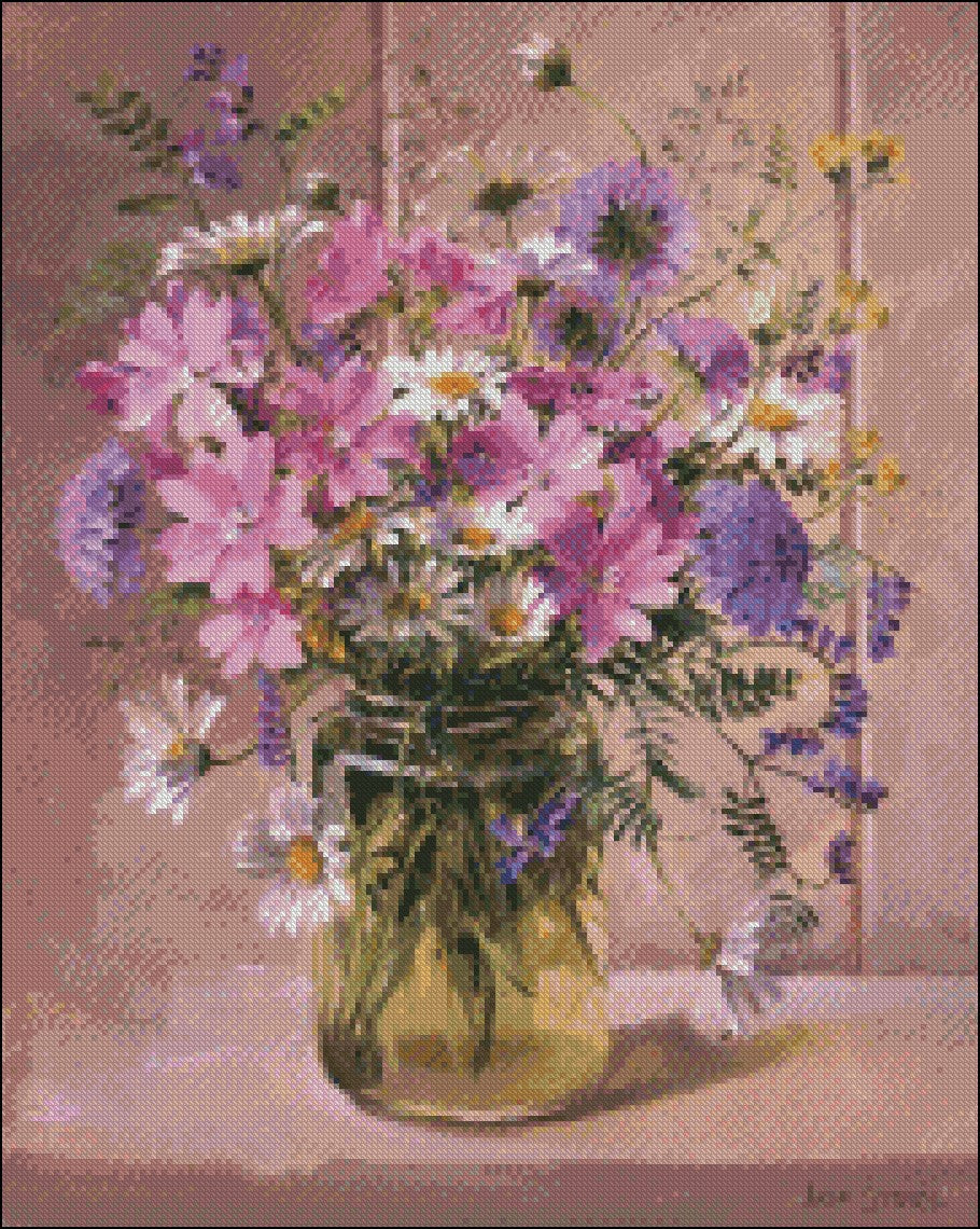 Summer Flowers in Vase 11 - Counted Cross Stitch Patterns Embroidery Crafts Needlework DIY Chart DMC Color