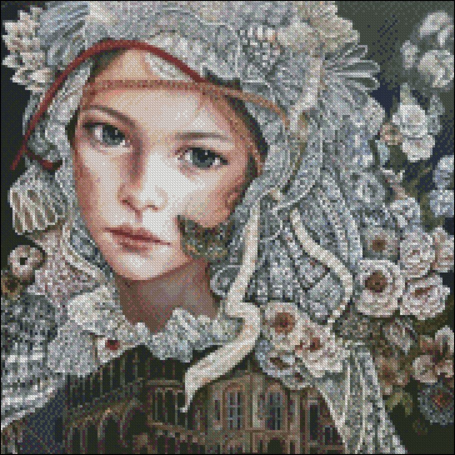 Girl with Flowers 11 - Counted Cross Stitch Patterns Embroidery Crafts Needlework DIY Chart DMC Color