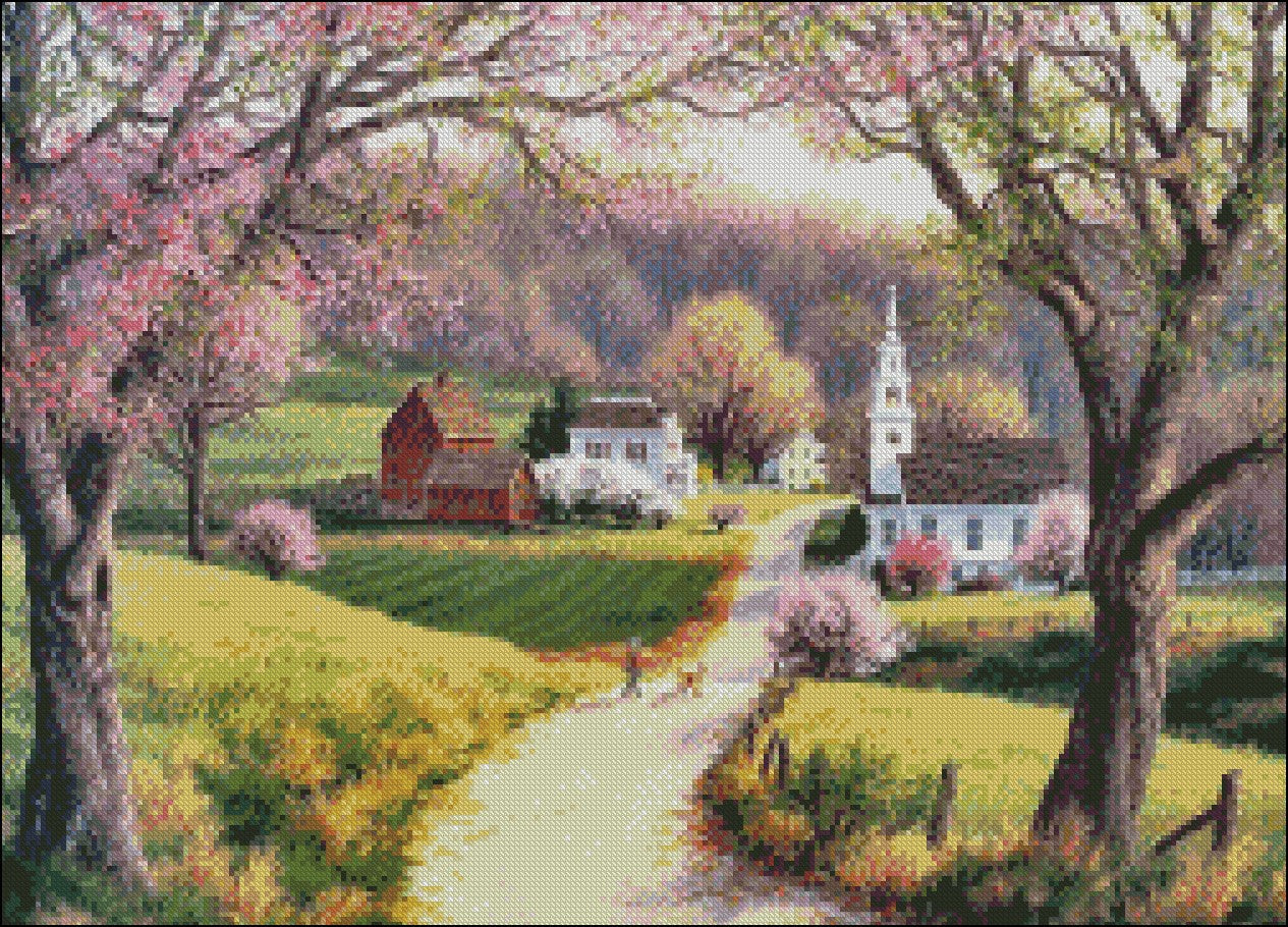 Spring Countryside - Counted Cross Stitch Patterns Embroidery Crafts Needlework DIY Chart DMC Color