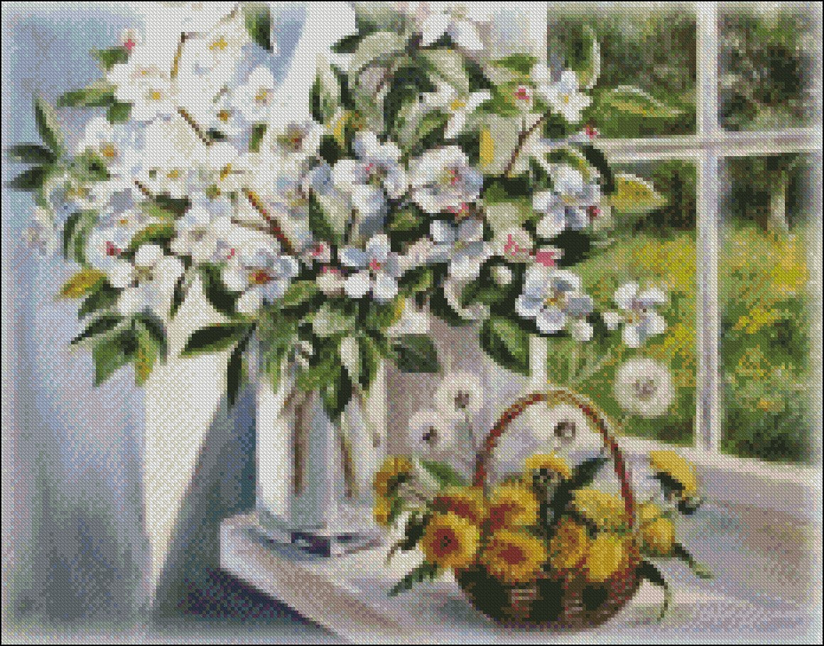 Flowers in Vase 19 - Counted Cross Stitch Patterns Embroidery Crafts Needlework DIY Chart DMC Color