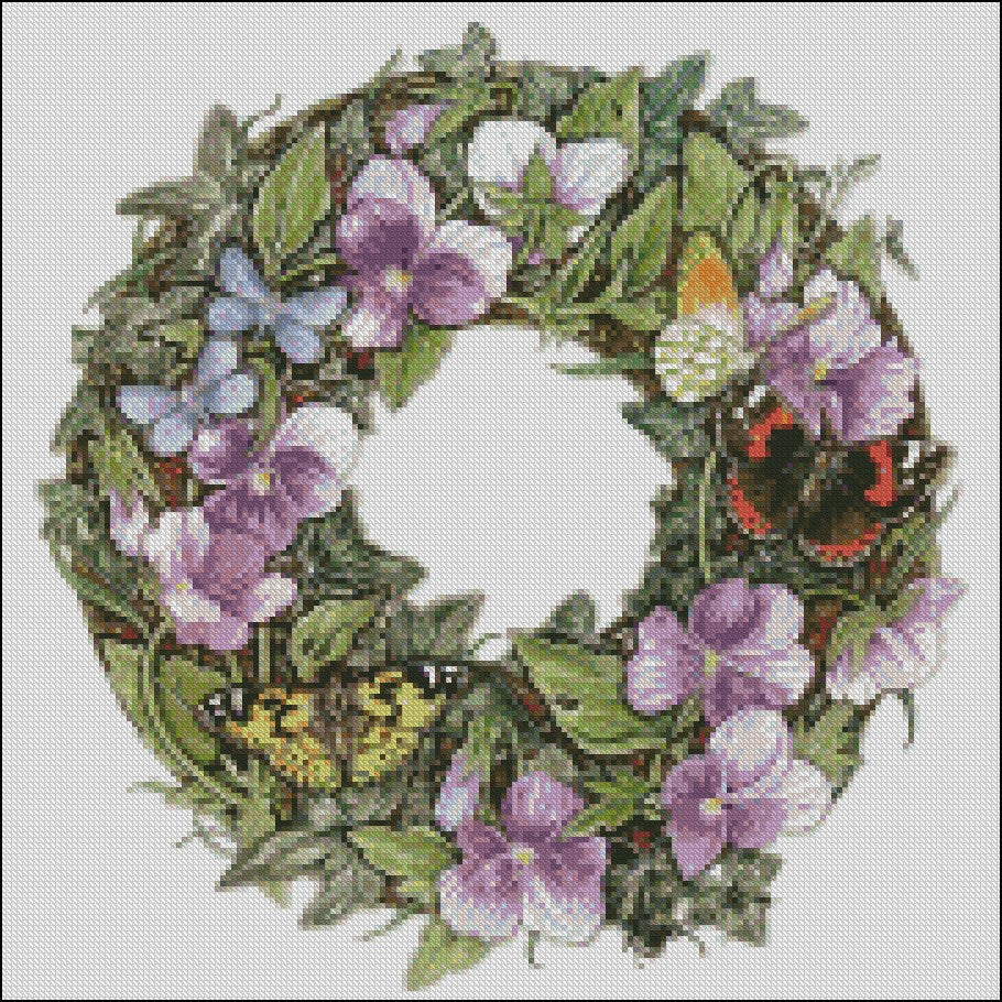 Violas and Butterflies - Counted Cross Stitch Patterns Embroidery Crafts Needlework DIY Chart DMC Color