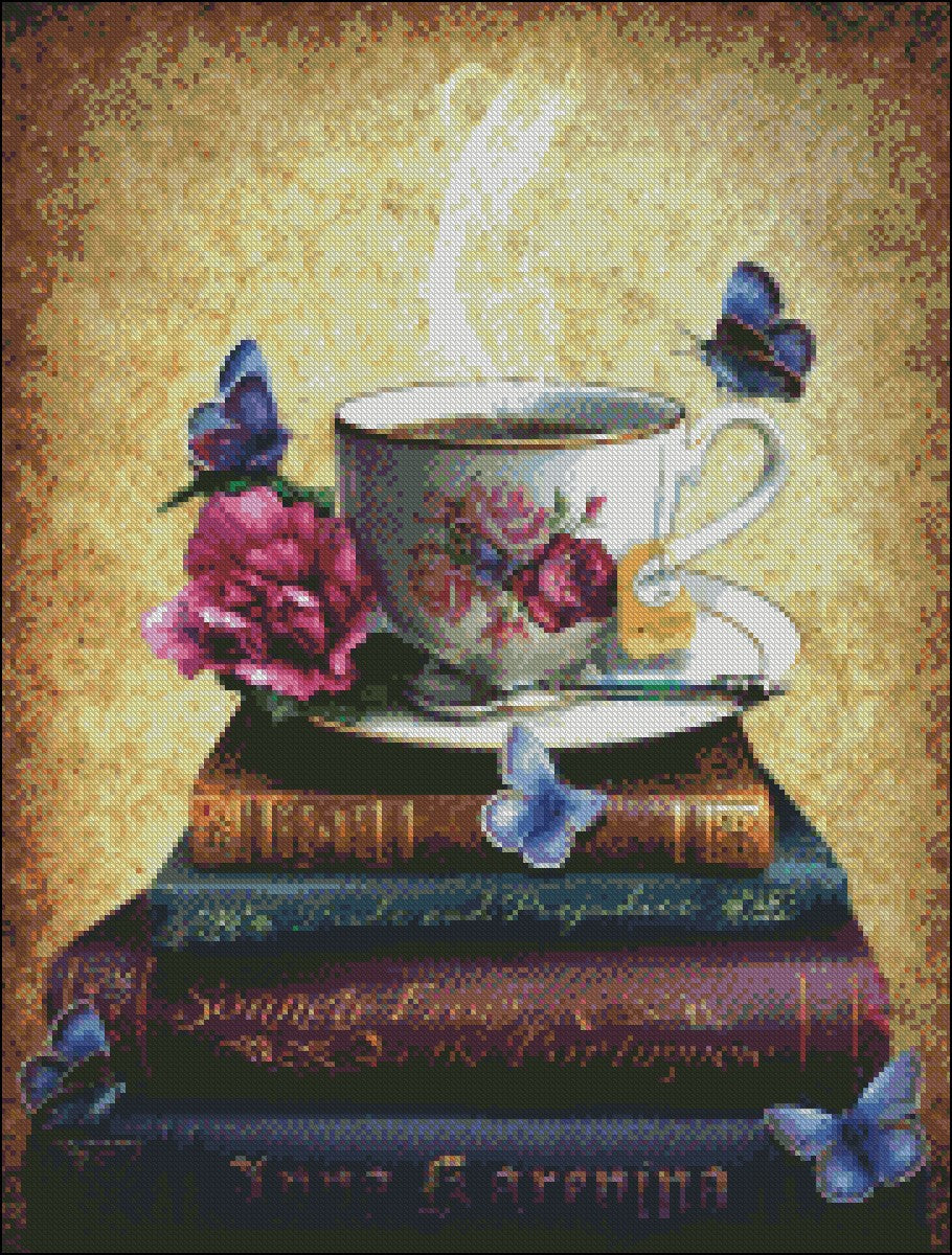 Tea and Books - Counted Cross Stitch Patterns Embroidery Crafts Needlework DIY Chart DMC Color