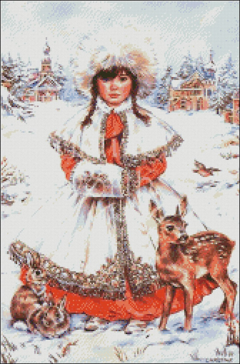 Girl on the Snow - Counted Cross Stitch Patterns Embroidery Crafts Needlework DIY Chart DMC Color